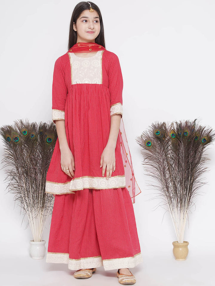 Floral Thread work Frock Style Kurta and Sharara with Dupatta - Red - Little Bansi