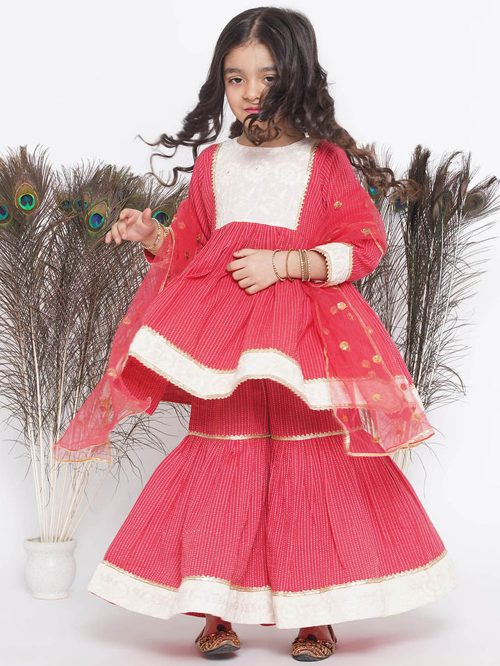Floral Thread work Frock Style Kurta and Sharara with Dupatta - Red - Little Bansi