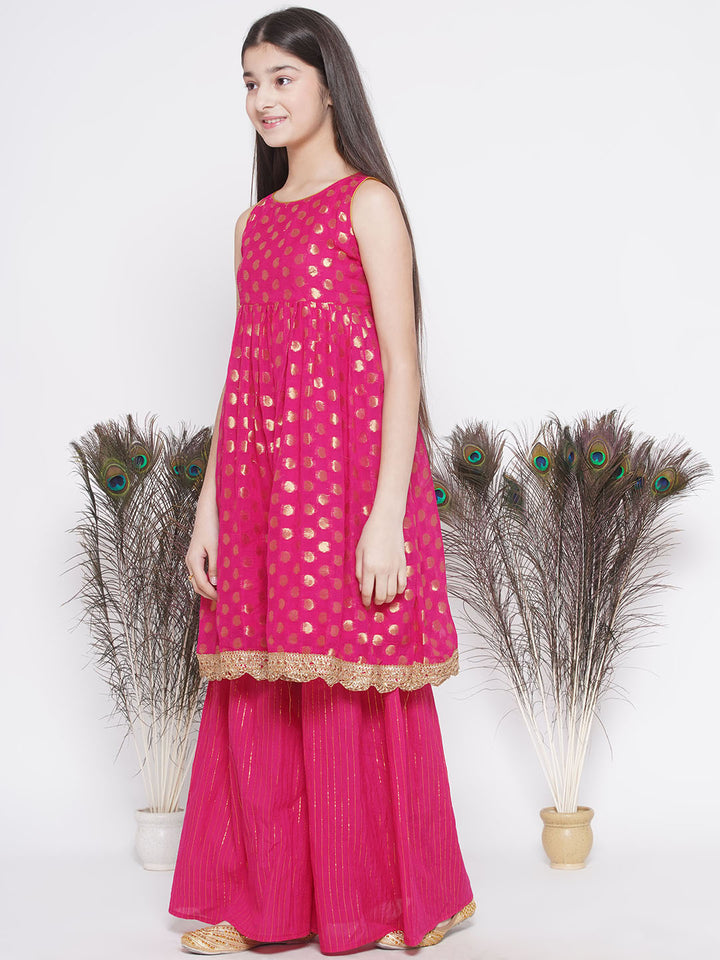 Banarsi Floral Frock Style Kurta with Gold Strip Sharara & Dupatta - Hot Pink - Little Bansi