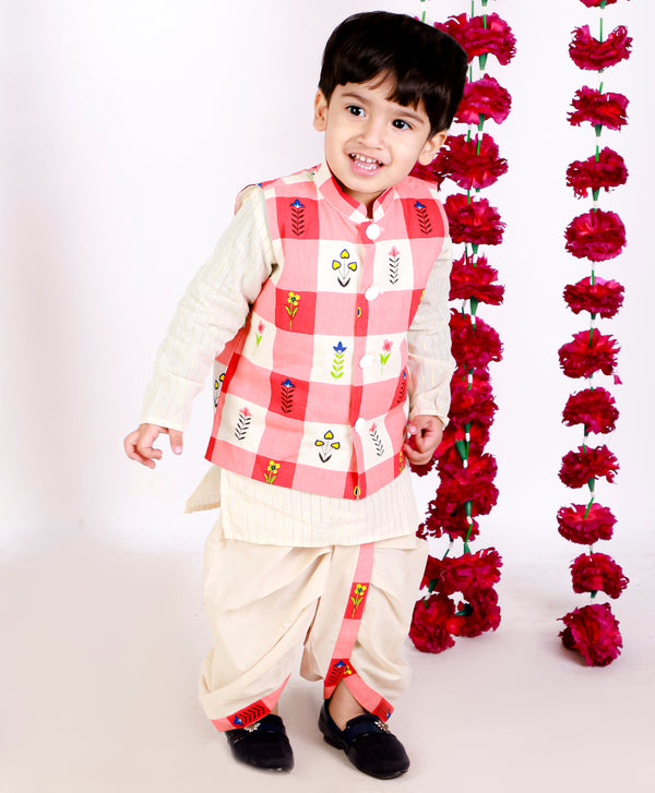 Boys Floral Check Jacket with Gold Striped Kurta & Dhoti in Cream - Little Bansi