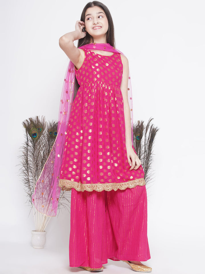 Banarsi Floral Frock Style Kurta with Gold Strip Sharara & Dupatta - Hot Pink - Little Bansi