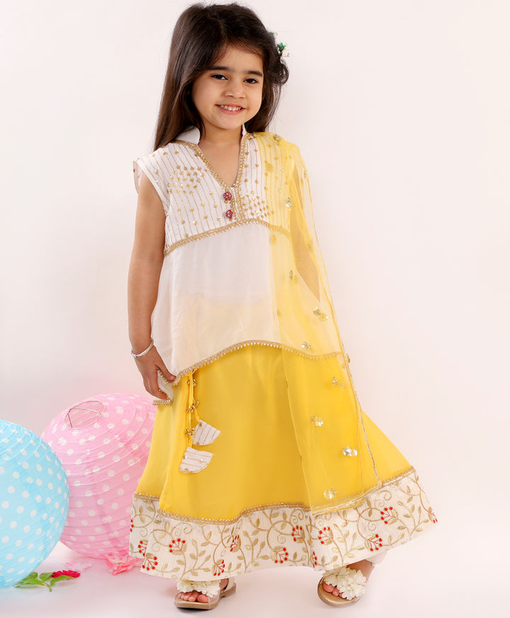 Girls Sleeveless Sequin Floral Choli with Lehenga & Dupatta - White & Yellow - Little Bansi