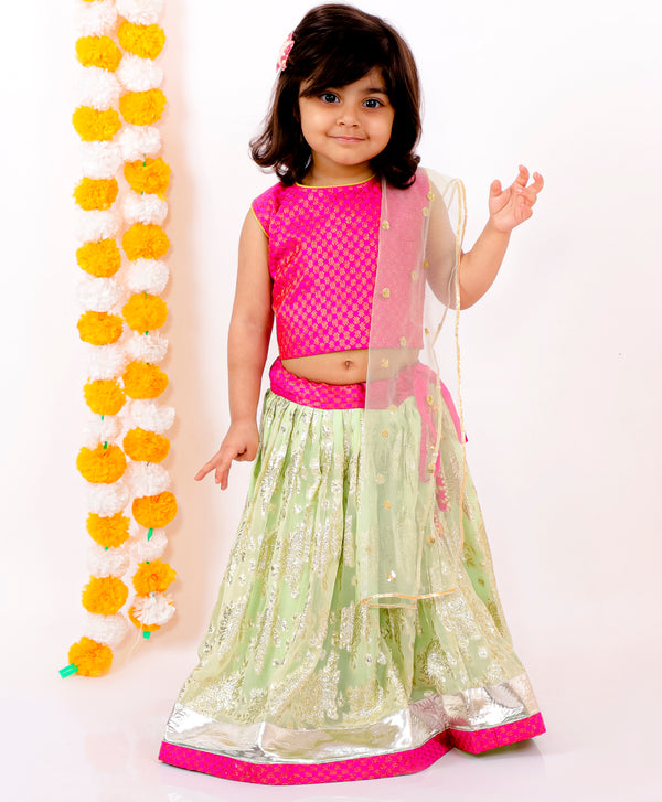Girls Sleeveless Silk Banarsi Golden Work Lehenga & Dupatta - Rani and Green - Little Bansi