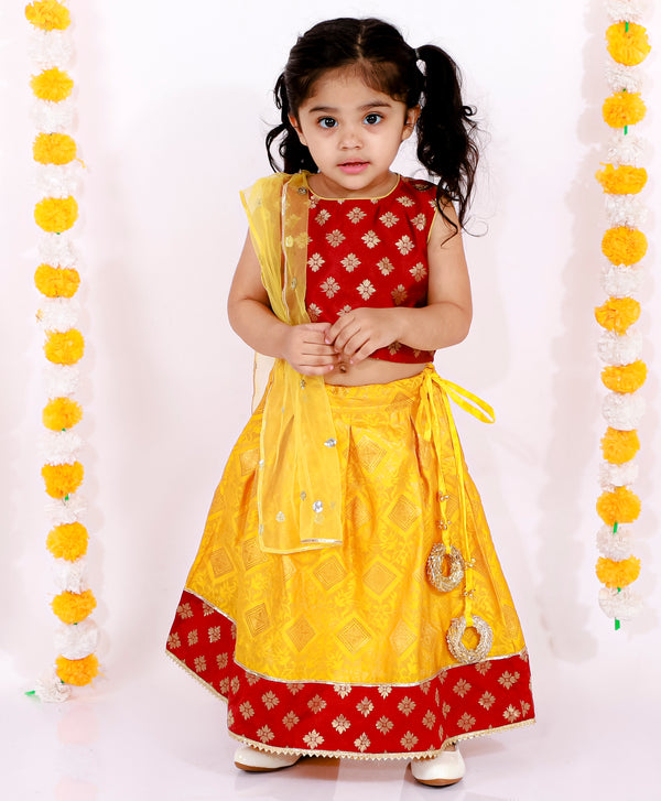 Girls Sleeveless Silk Banarsi Kurta with Lehenga & Dupatta - Yellow & Maroon - Little Bansi