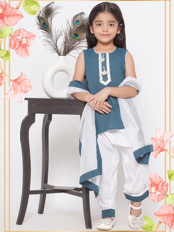 Thread work Kurta with Patiala Salwar & Kota Doria Dupatta - Turquiose Green - Little Bansi