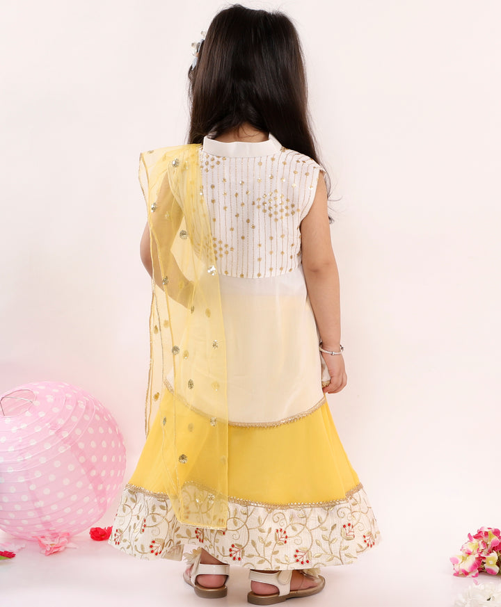 Girls Sleeveless Sequin Floral Choli with Lehenga & Dupatta - White & Yellow - Little Bansi