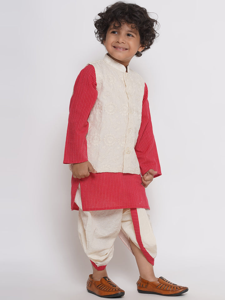 Jaipuri thread work Kurta with Floral Embroidery Jacket and Dhoti - Red & Cream - Little Bansi