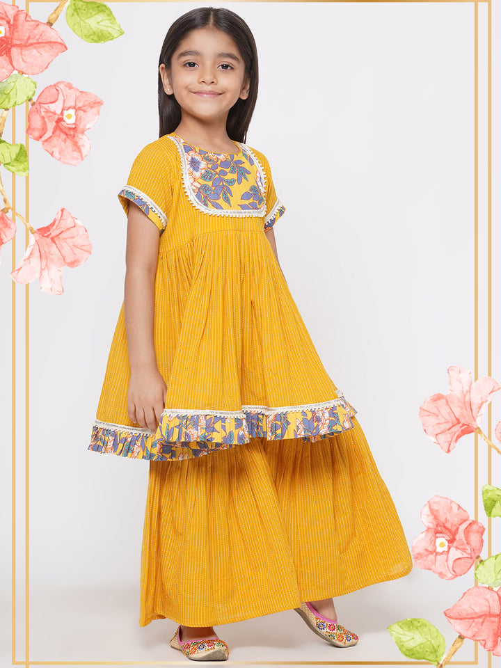 Floral Frock Style Kurta with Lace work & Sharara with Dupatta - Yellow - Little Bansi