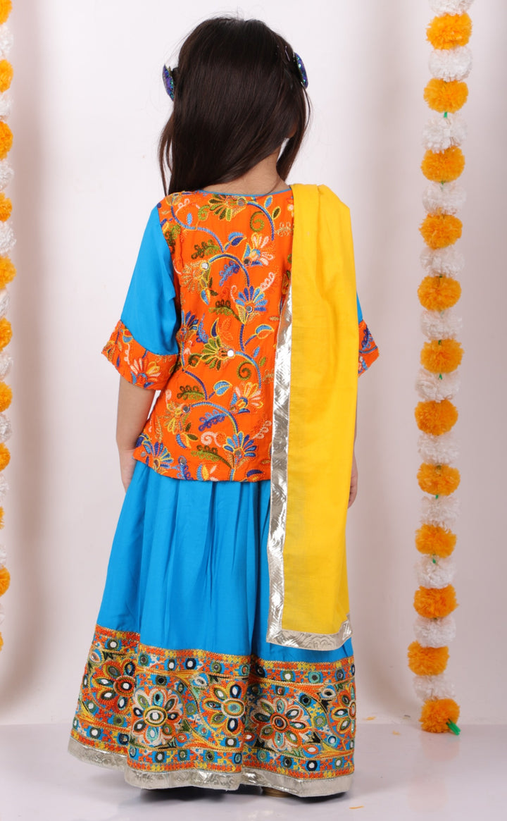 Girls Floral Embroidery Kurta with Mirror Work Lehenga & Dupatta - Orange & Blue - Little Bansi