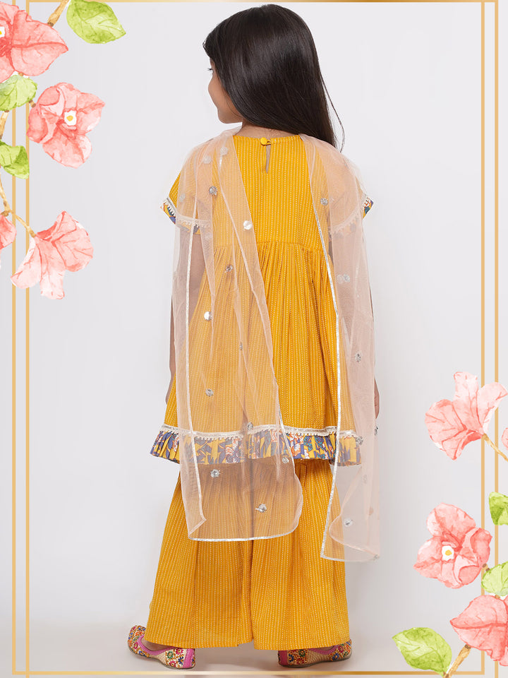 Floral Frock Style Kurta with Lace work & Sharara with Dupatta - Yellow - Little Bansi