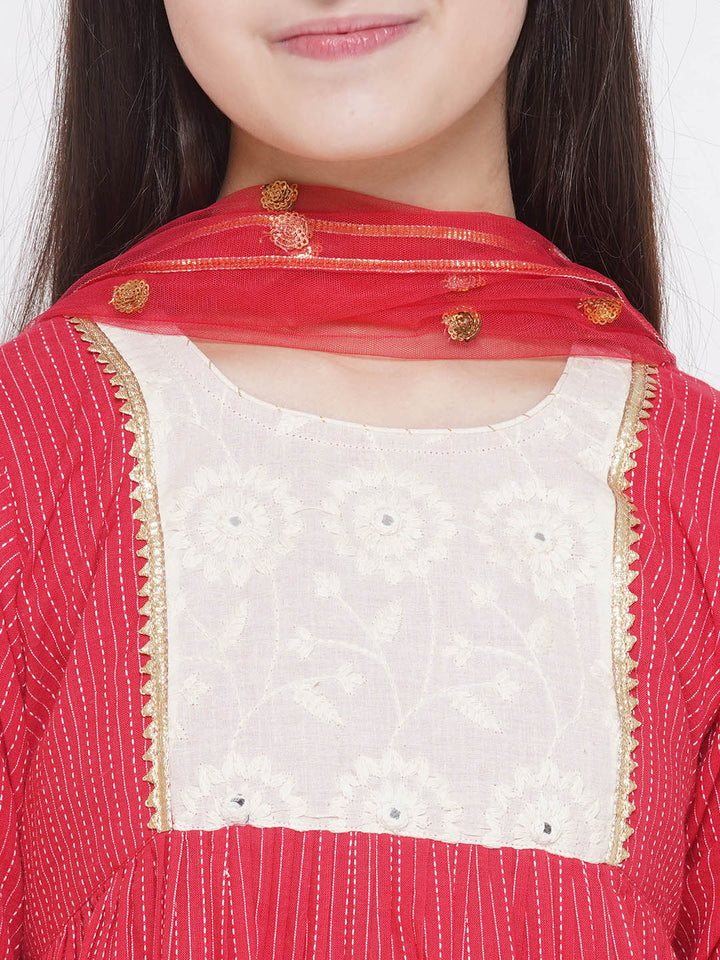 Floral Thread work Frock Style Kurta and Sharara with Dupatta - Red - Little Bansi