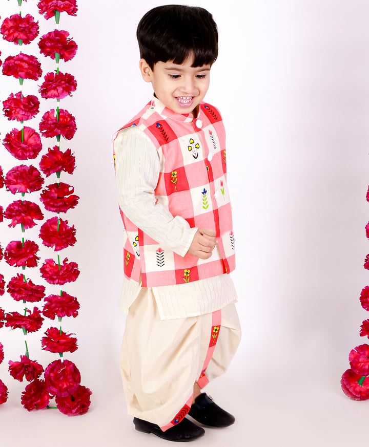 Boys Floral Check Jacket with Gold Striped Kurta & Dhoti in Cream - Little Bansi
