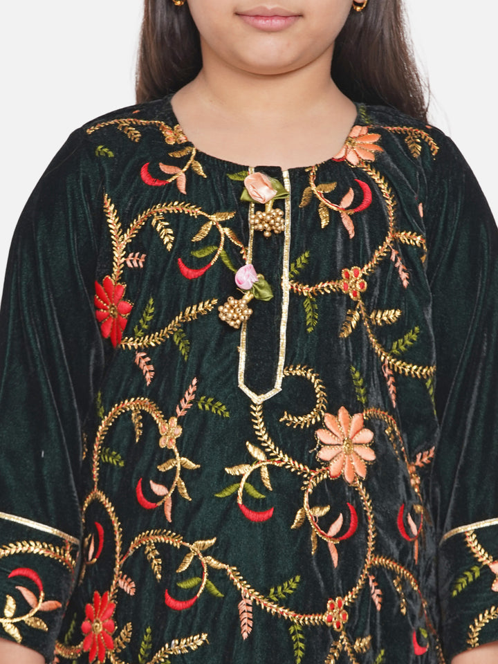 Girls Floral Embrodiery Velvet Kurta Plazzo in Mehendi Green - Little Bansi