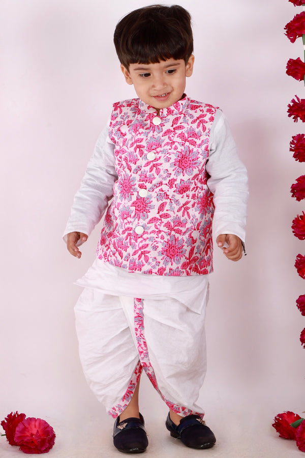 Boys Floral Jacket with White Kurta & Dhoti in Pink & White - Little Bansi
