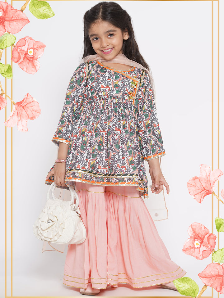 Bird Print Angrakha with Sharara & Dupatta with Ghungroo work - Peach - Little Bansi