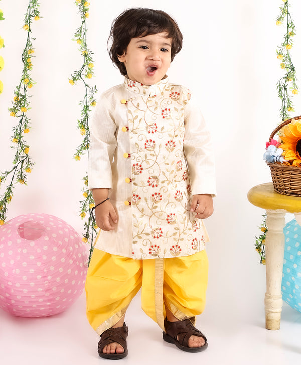 Boys Floral Embroidery Sherwani with Dhoti in Beige and Yellow - Little Bansi
