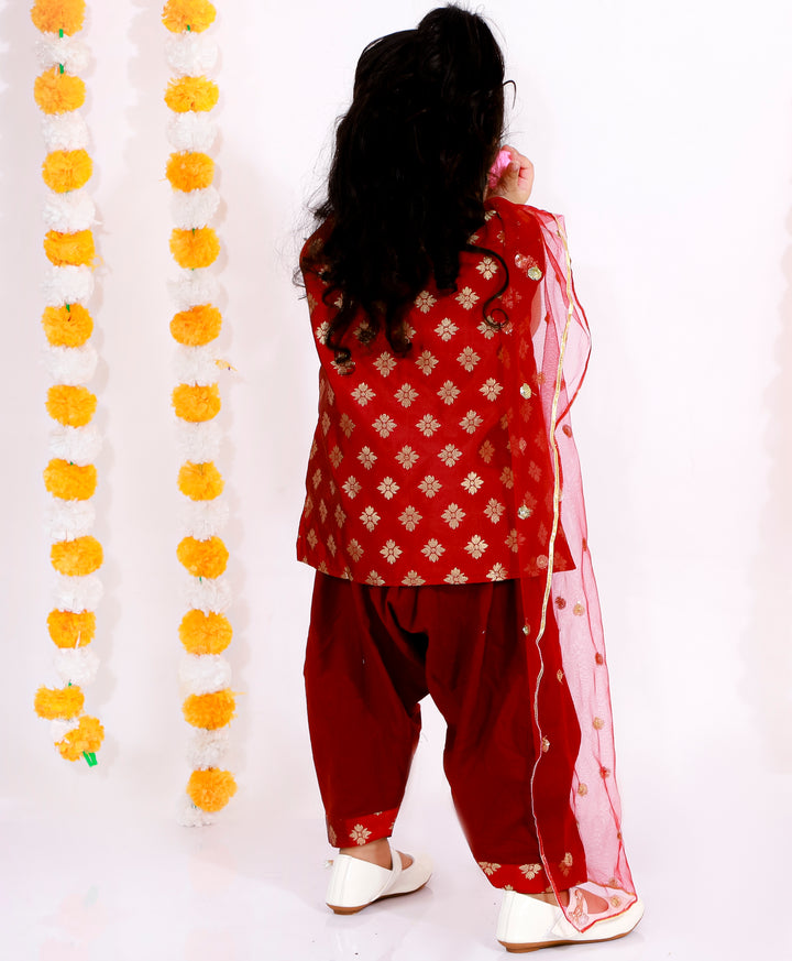 Girls Banarsi Bird Kurta with Salwar and Dupatta - Maroon - Little Bansi