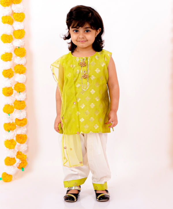 Girls Banarsi Kurta with Salwar and Dupatta - Green & White - Little Bansi