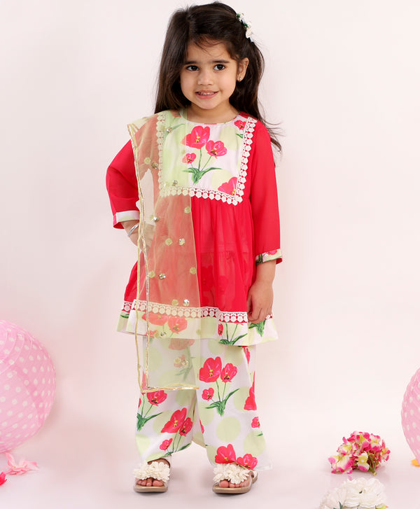 Girls Tulip Print Lacework Frock style Kurta with Plazzo & Dupatta - Red & Green - Little Bansi