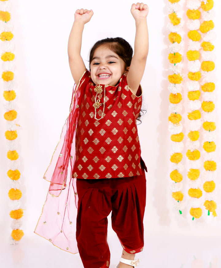 Girls Banarsi Bird Kurta with Salwar and Dupatta - Maroon - Little Bansi