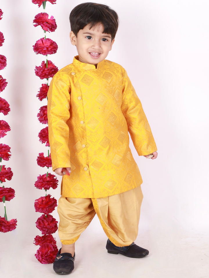 Boys Banarsi Silk Yellow Sherwani with Beige Dhoti - Little Bansi