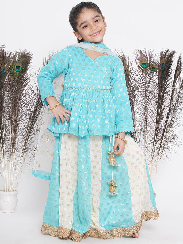 Girls Blue & Off White Kali Work Lehenga with Handmade Latkan and Dupatta - Little Bansi