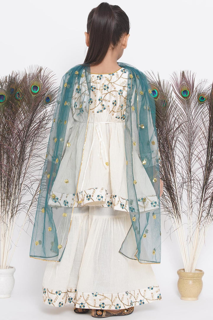 Blue Floral Embroidery Jacket with Cotton Kantha Frock Sharara and Dupatta - Little Bansi