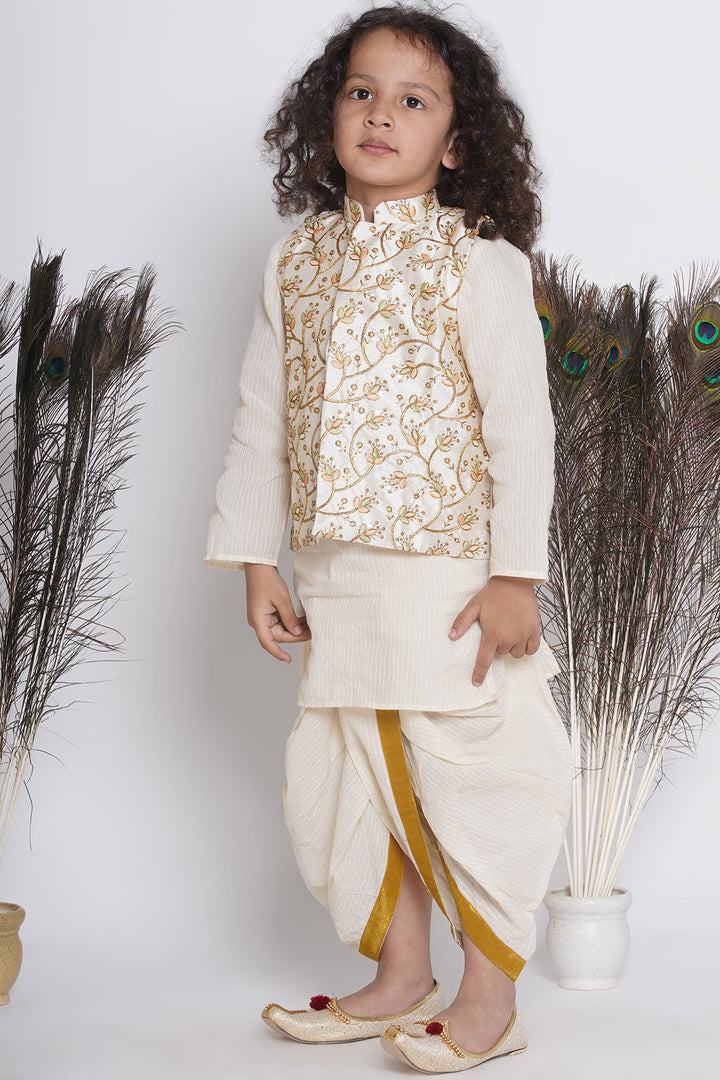 Banarasi Boys Floral Embroidery Jacket with Cotton Kantha kurta and Dhoti - Little Bansi