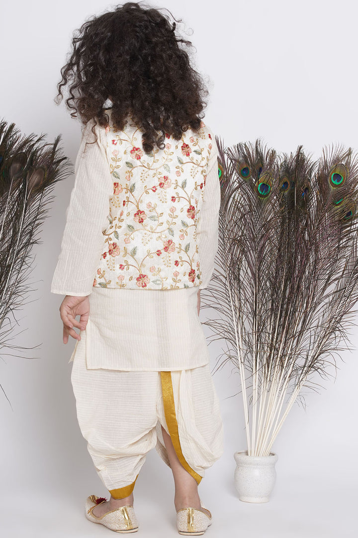 Banarsi Floral Embroidery Jacket with Cotton Kantha kurta and Kantha Dhoti - Little Bansi