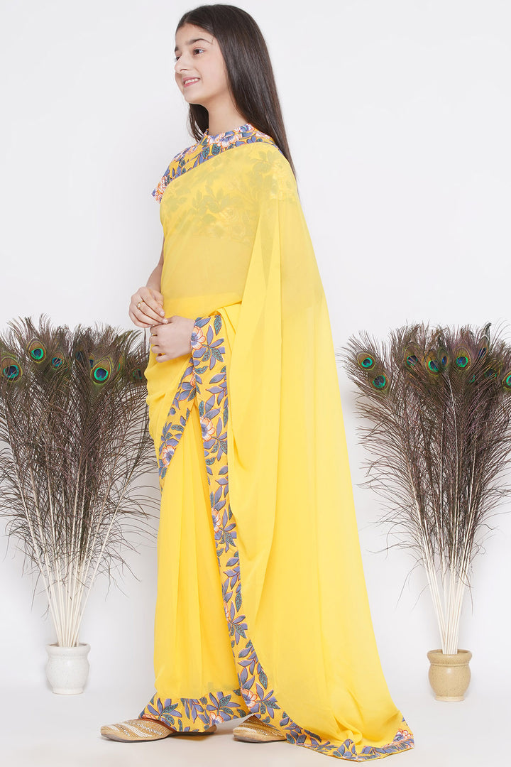 Floral print ready to wear saree and Floral blouse - Yellow - Little Bansi