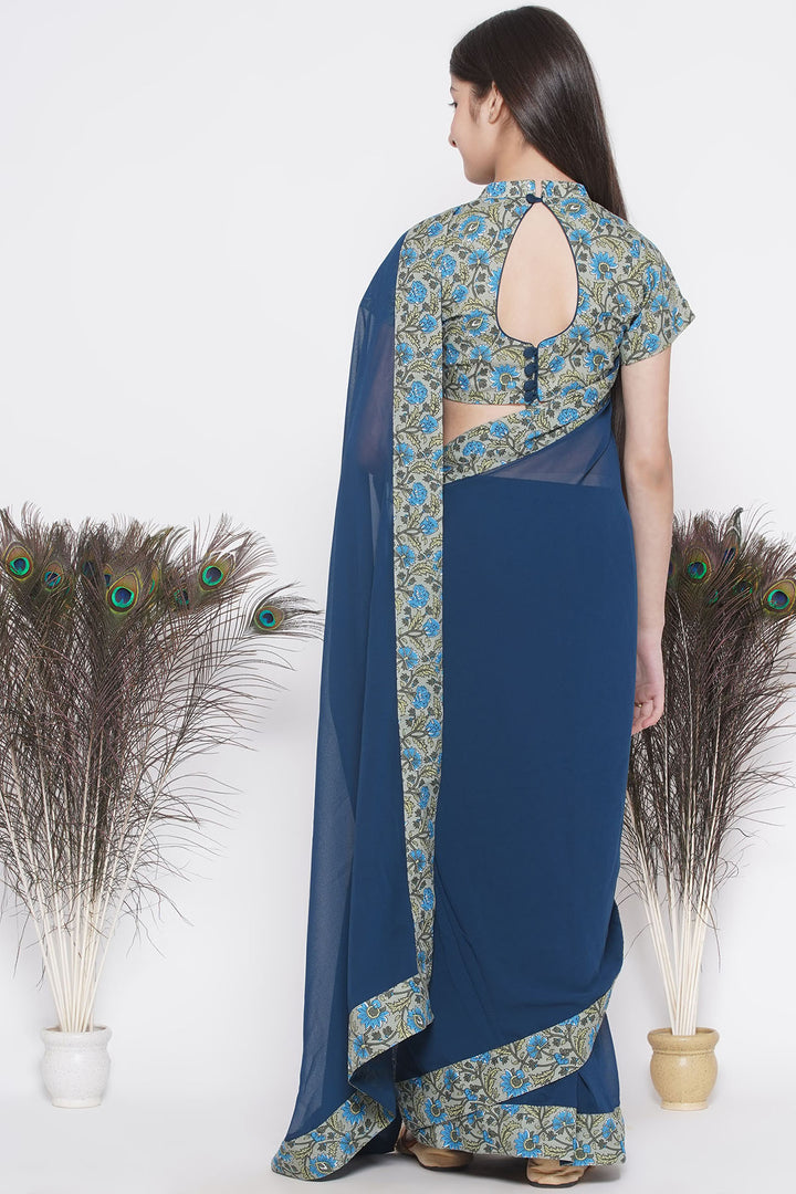 Floral print ready-to-wear saree and Floral blouse - Blue - Little Bansi