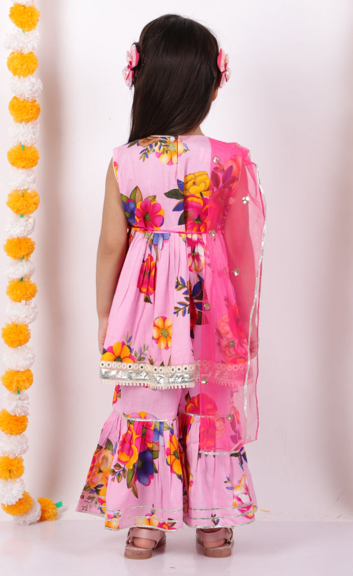 Girls Floral Frock kurta & Gotta sharara with lacework duppata in Pink - Little Bansi