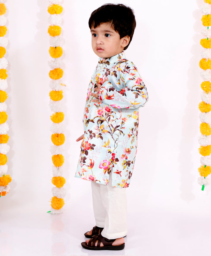 Boys Floral Print Silk Kurta & Pyjama with Pearl Buttons in Sky Blue - Little Bansi
