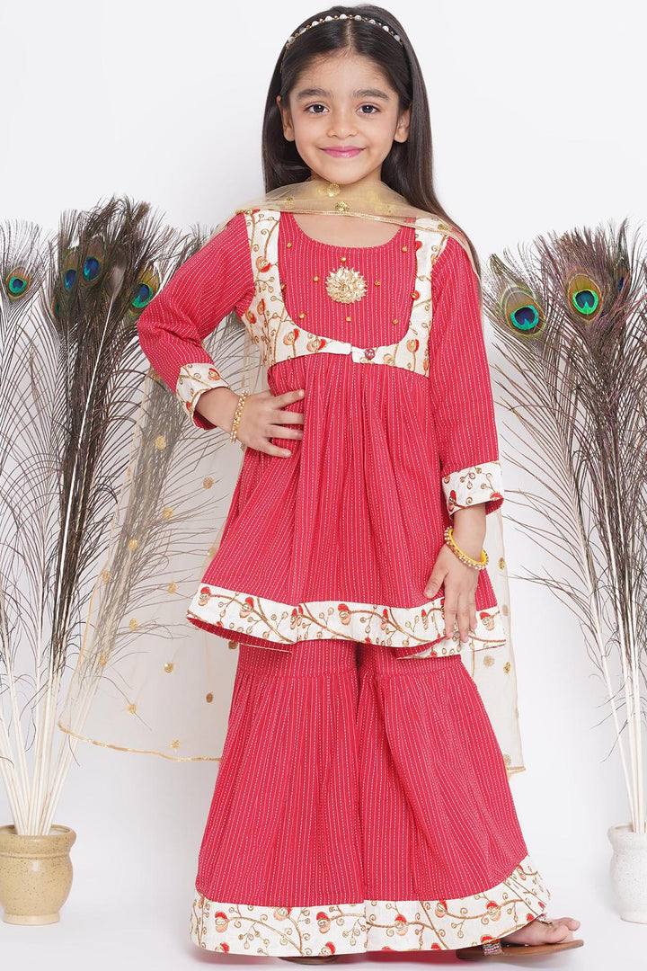 Floral Embroidery Jacket with Cotton Kantha Frock Sharara and Dupatta in  Red - Little Bansi