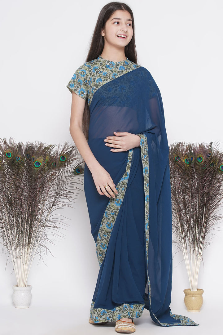 Floral print ready-to-wear saree and Floral blouse - Blue - Little Bansi