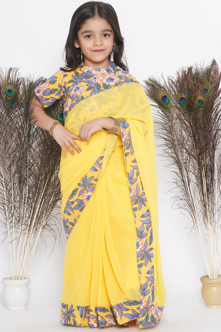 Floral print ready to wear saree and Floral blouse - Yellow - Little Bansi