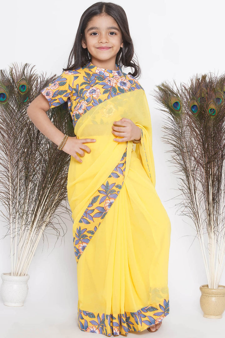 Floral print ready to wear saree and Floral blouse - Yellow - Little Bansi