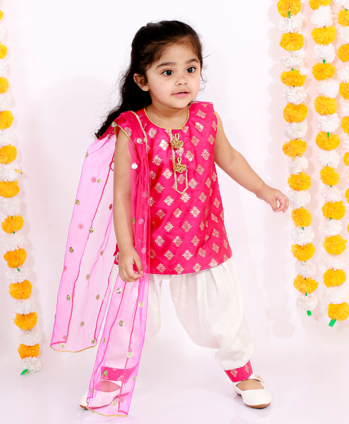 Girls Banarsi Kurta with Salwar and Dupatta - Rani & White - Little Bansi