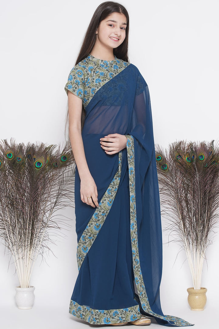 Floral print ready-to-wear saree and Floral blouse - Blue - Little Bansi