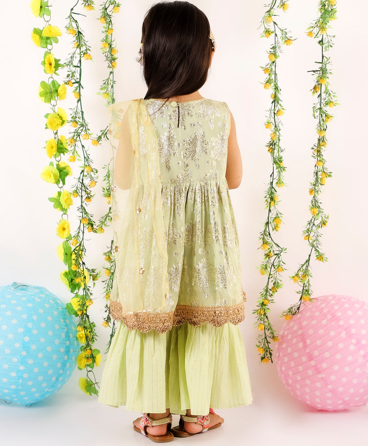 Girls Floral Banarsi Frock Style Kurti with Sharara and Dupatta in Green - Little Bansi