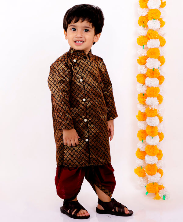 Boys Banarsi Silk Black Sherwani with Maroon Dhoti - Little Bansi