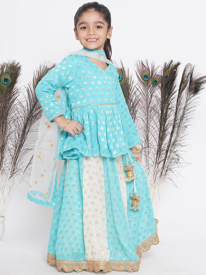 Girls Blue & Off White Kali Work Lehenga with Handmade Latkan and Dupatta - Little Bansi