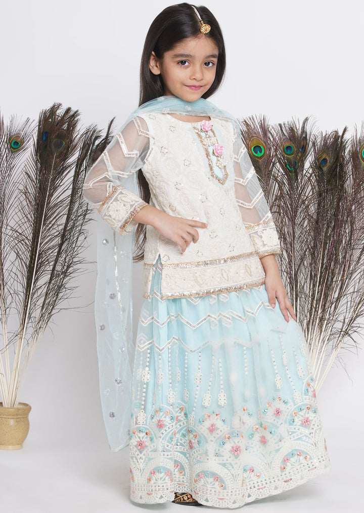 Floral Work Cloudy Blue Lehenga with Floral Embroidery Kurta and Dupatta - Little Bansi