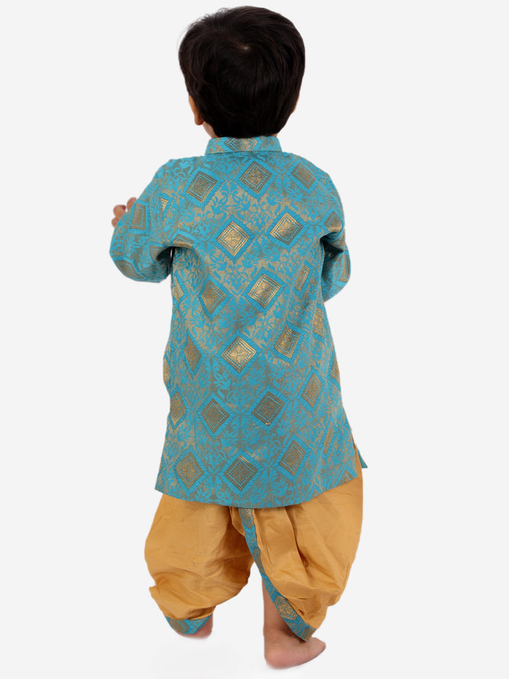 Boys Banarsi Silk Blue Sherwani with Beige Dhoti - Little Bansi