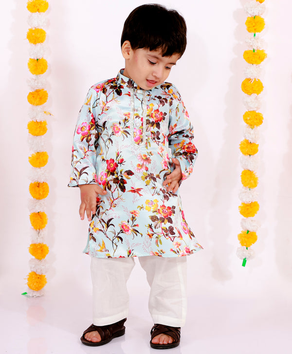 Boys Floral Print Silk Kurta & Pyjama with Pearl Buttons in Sky Blue - Little Bansi