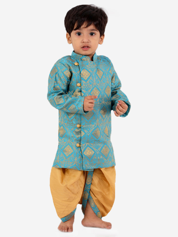 Boys Banarsi Silk Blue Sherwani with Beige Dhoti - Little Bansi