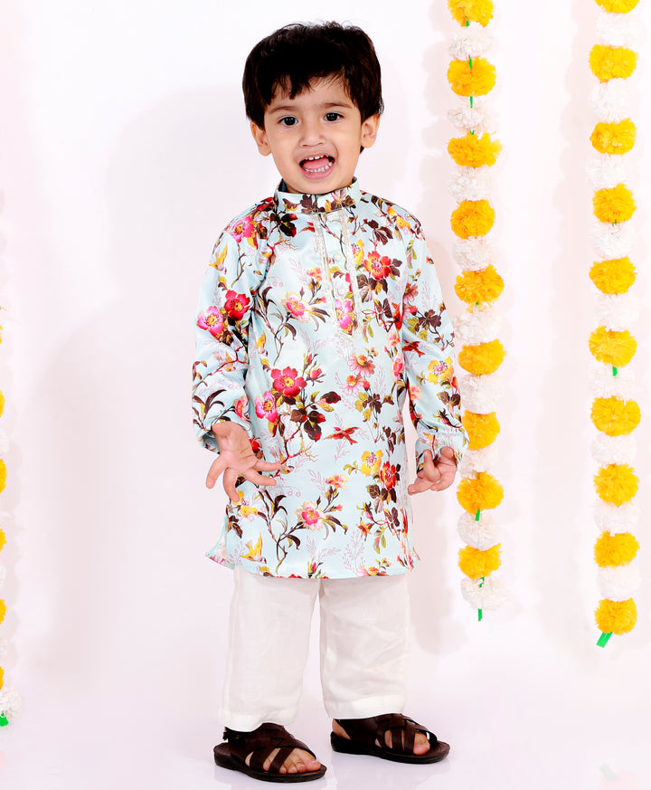 Boys Floral Print Silk Kurta & Pyjama with Pearl Buttons in Sky Blue - Little Bansi