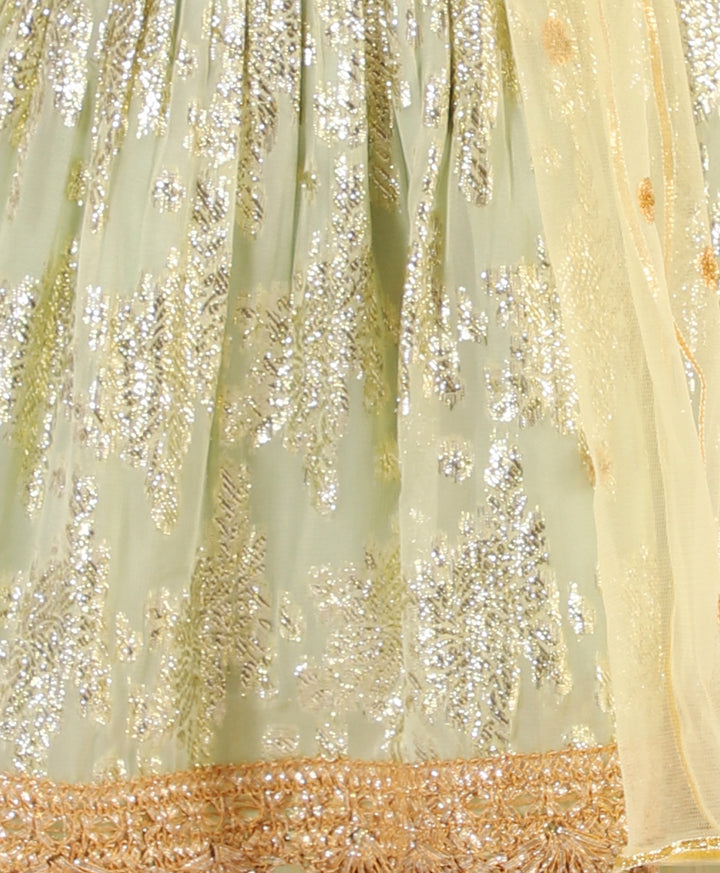 Girls Floral Banarsi Frock Style Kurti with Sharara and Dupatta in Green - Little Bansi