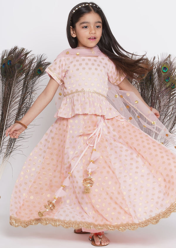 Girls Peach Kali Work Lehenga with Handmade Latkan and Dupatta - Little Bansi
