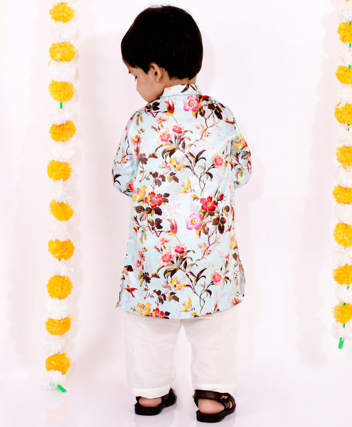 Boys Floral Print Silk Kurta & Pyjama with Pearl Buttons in Sky Blue - Little Bansi